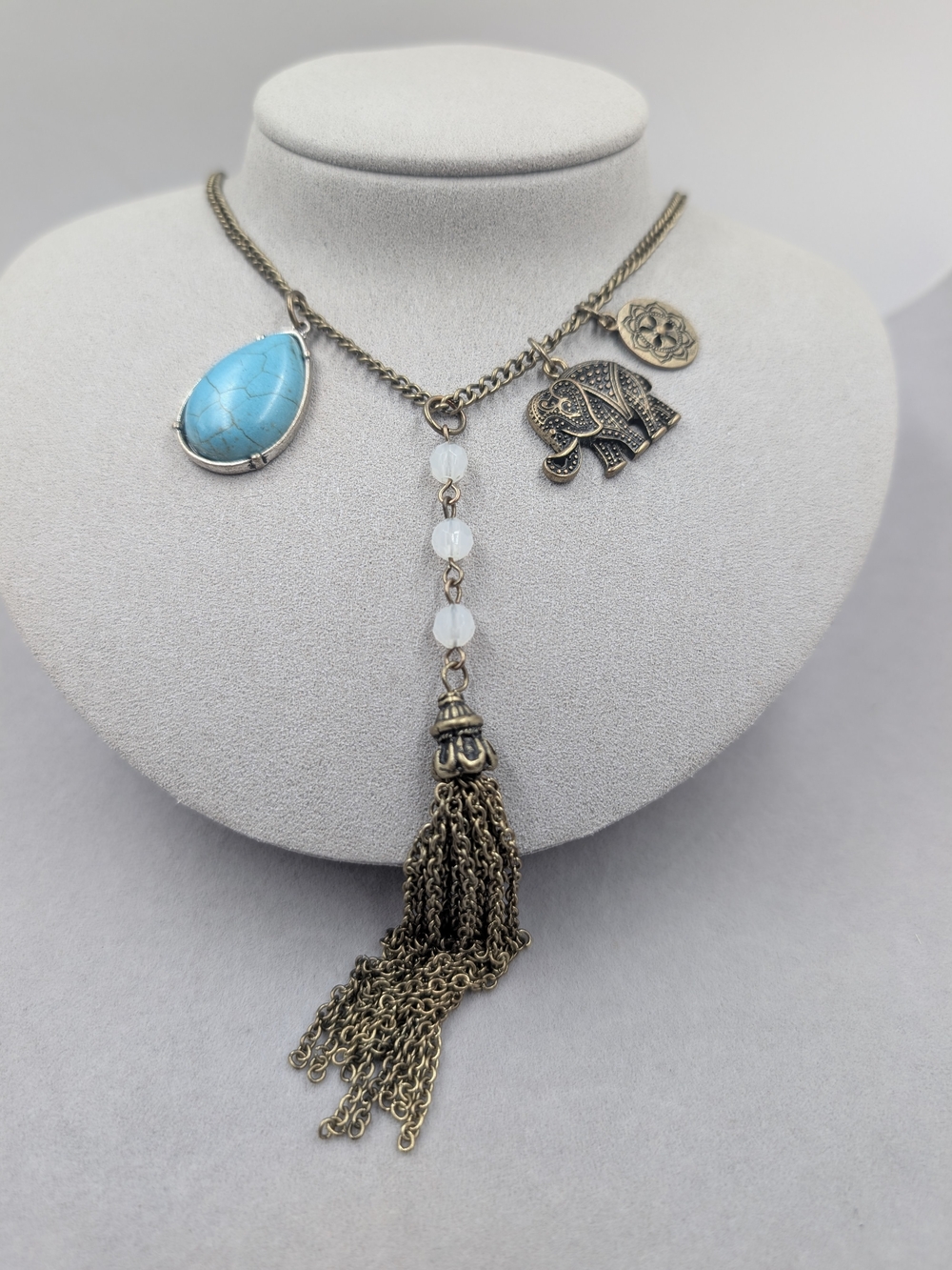 Boho Elephant Turquoise Tone Stone Tassel Statement Necklace 0810 - Picture 6 of 6